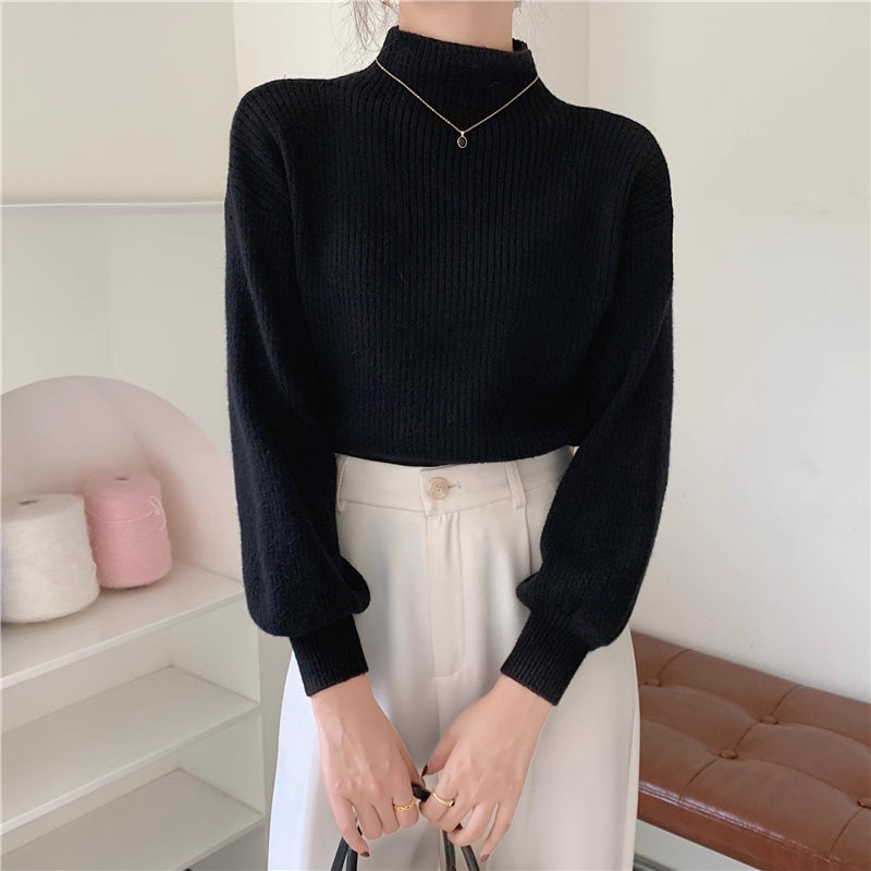 Balloon Sleeve Ribbed Sweater (4 Colors)