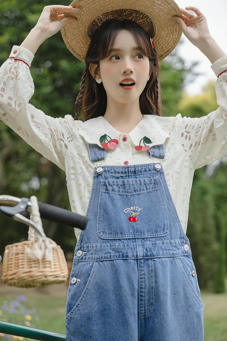 Cherry Denim Overalls (Medium Blue)