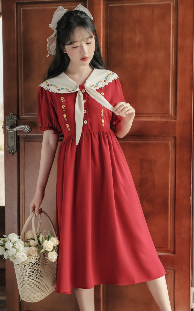 Floral Embroidered Sailor Midi Dress (Red)