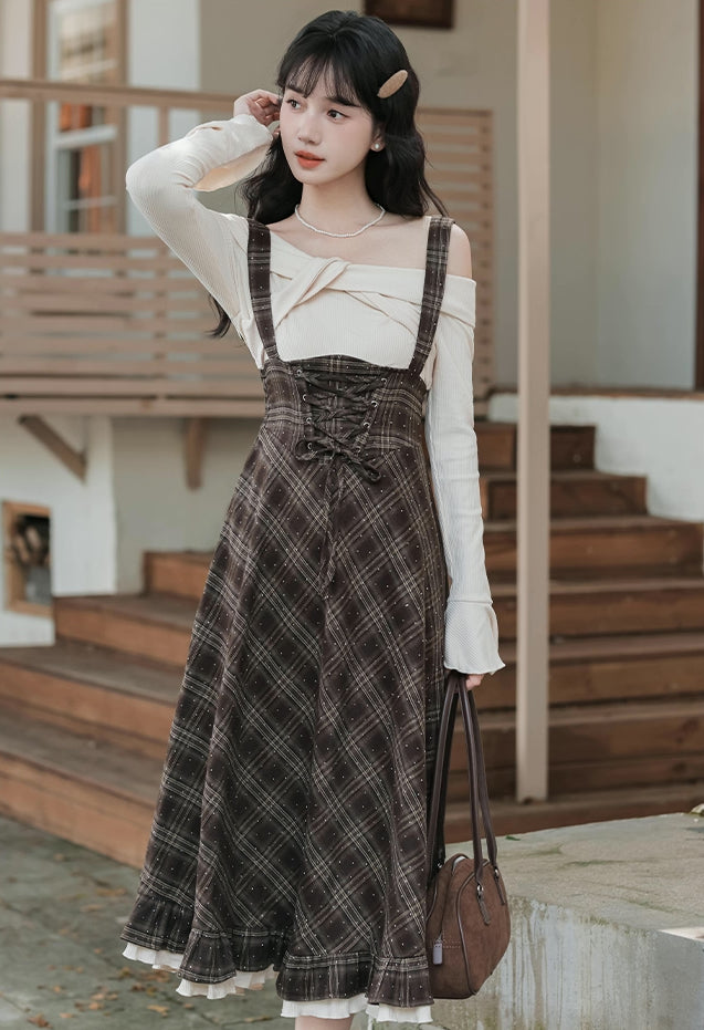 Snowy Plaid Twofer Suspender Midi Dress (Cream/Brown)