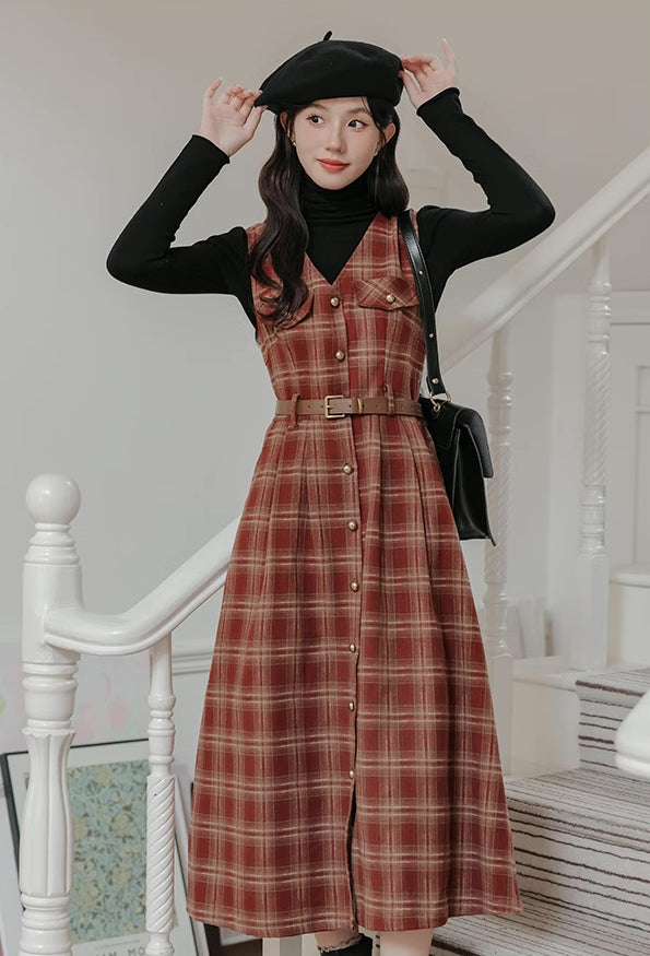 Ginger Plaid Pinafore Midi Dress (2 Colors)