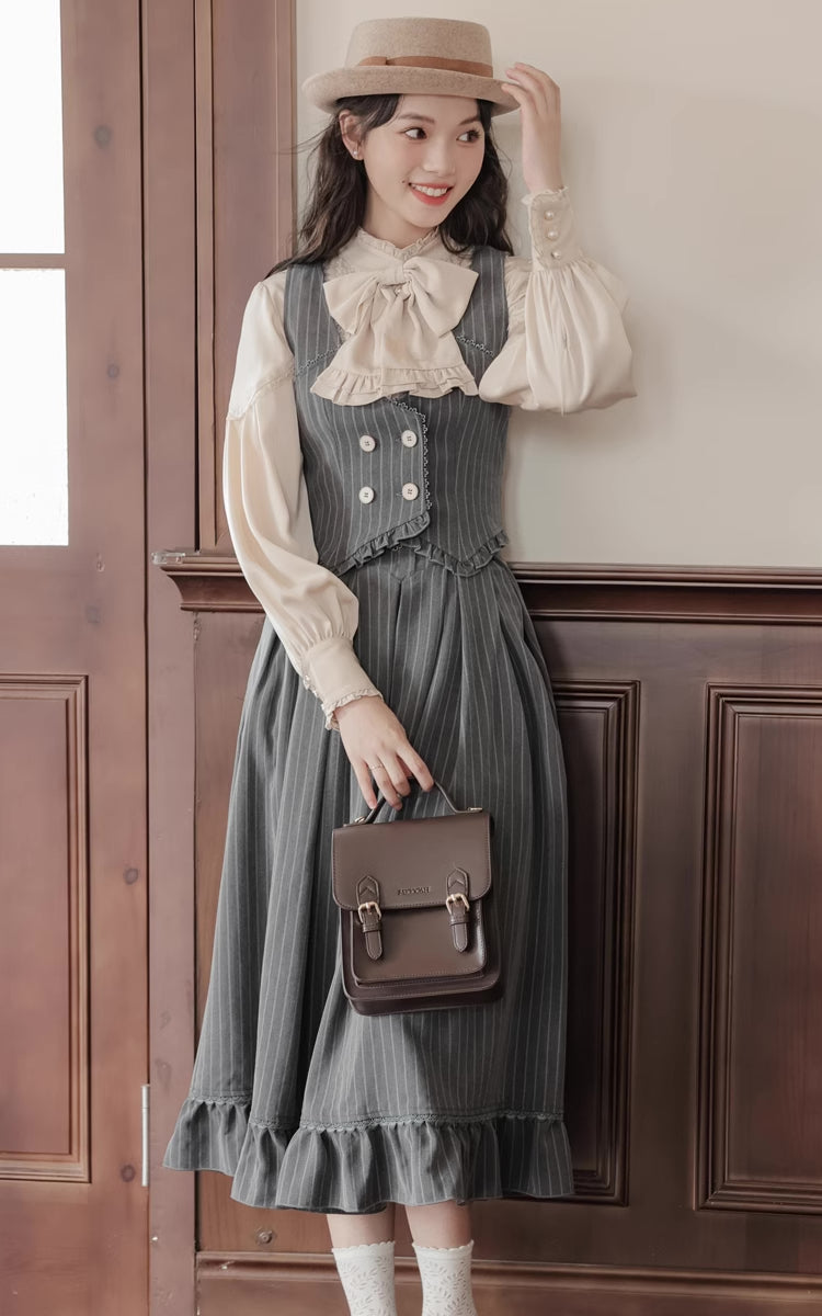 Victoria Stripe Midi Skirt (Gray)