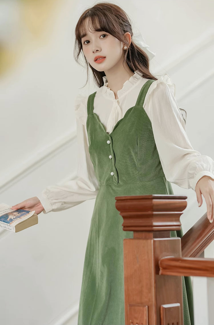 Corduroy Scallop Cami Midi Dress (Pistachio Green)