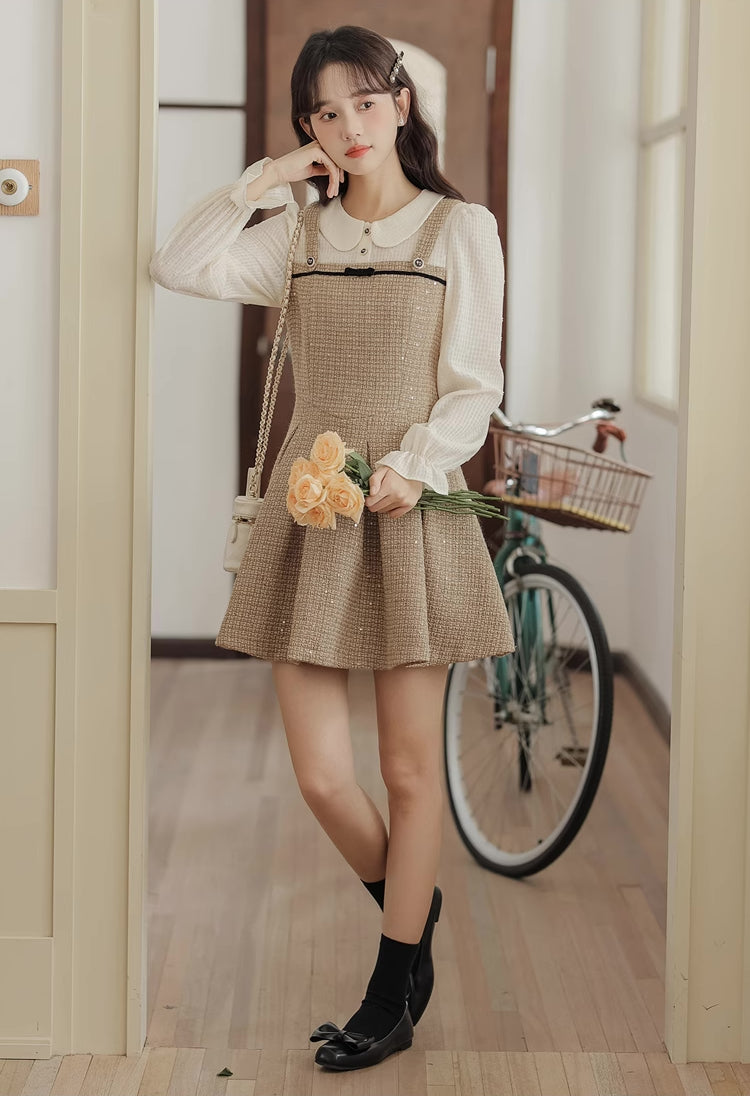 Latte Tweed Mini Twofer Dress (Khaki)