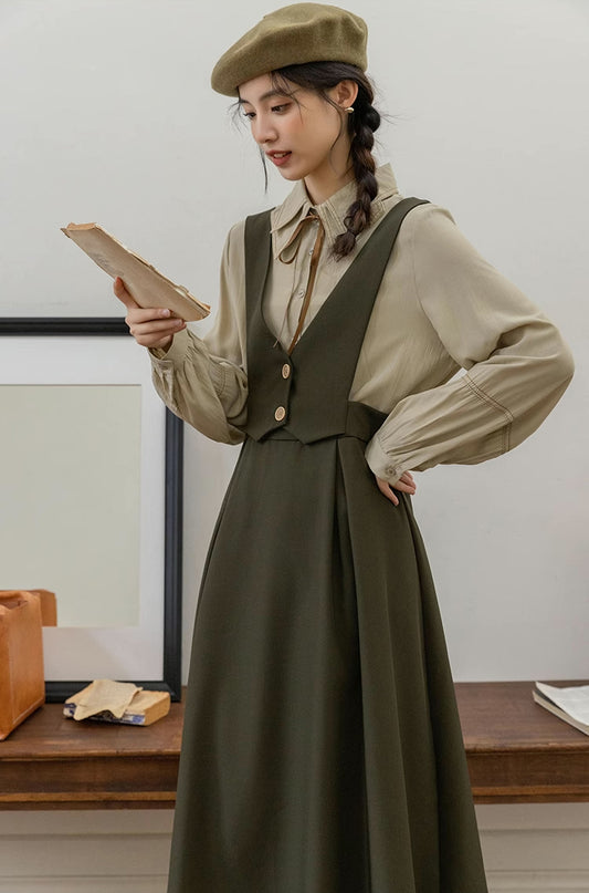 Basic Woven Vest Pinafore Dress / Blouse (2 Colors)