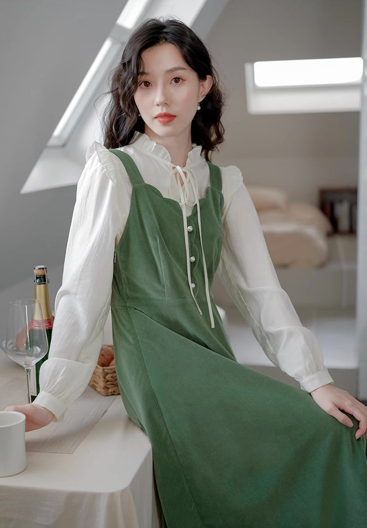 Corduroy Scallop Cami Midi Dress (Pistachio Green)