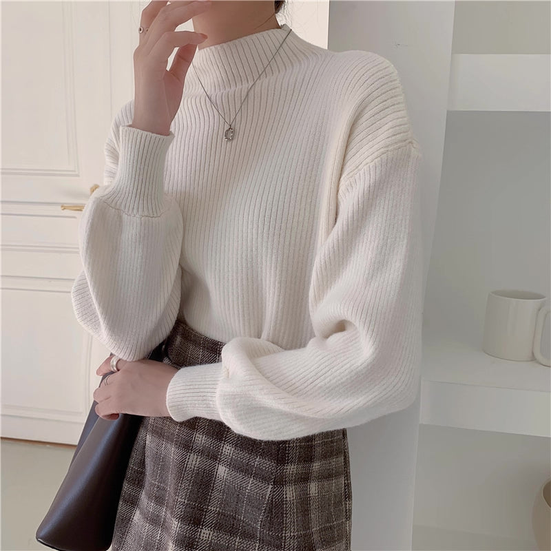 Balloon Sleeve Ribbed Sweater (4 Colors)