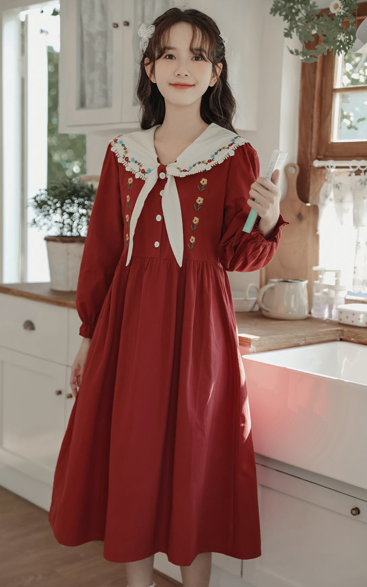 Floral Embroidered Sailor Midi Dress (Red)