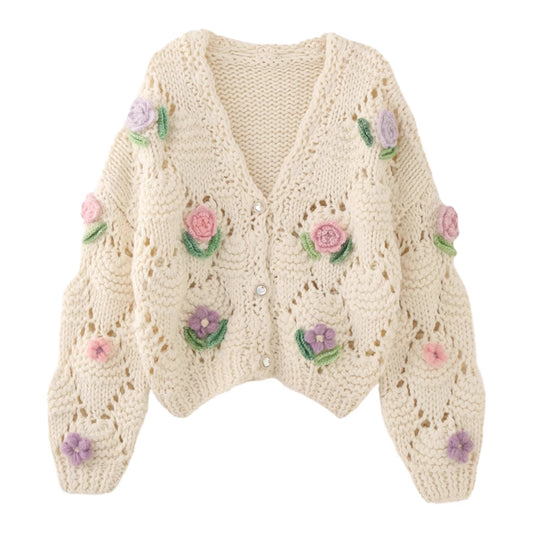 Chunky Floral Knit Cardigan (Cream)