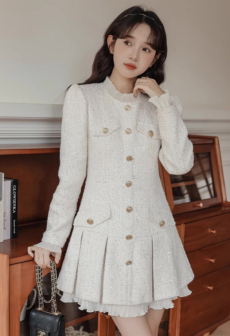 Snowy Sequin Tweed Mini Dress (White)