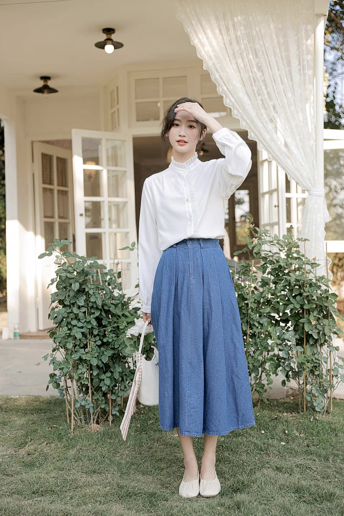 Pleated Denim Midi Skirt (3 Colors)
