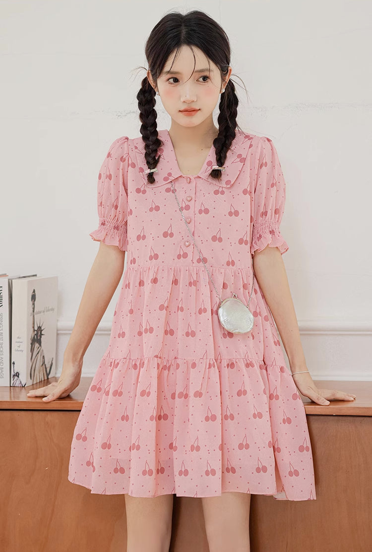 Sweet Cherry Tiered Shirt Dress (Pink)