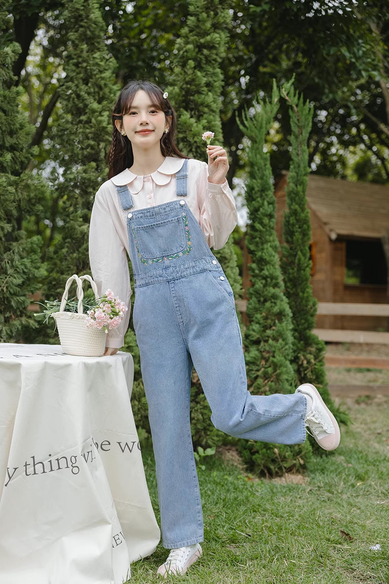 Retro Floral Embroidered Denim Overalls (Medium Blue)
