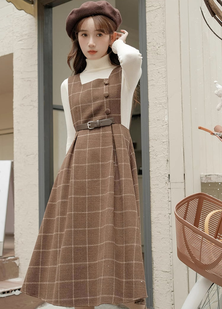 Belted Plaid Pinafore Dress (3 Colors)