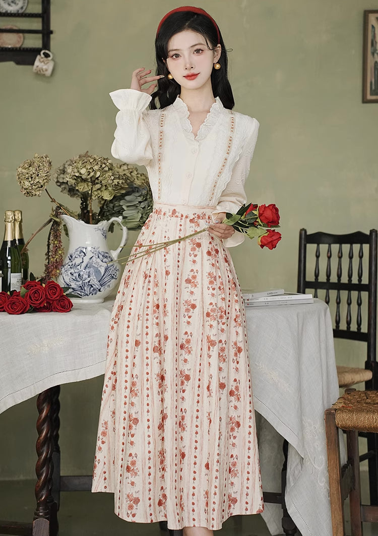 Rose Wallpaper Blouse & Skirt Set (Cream/Red)