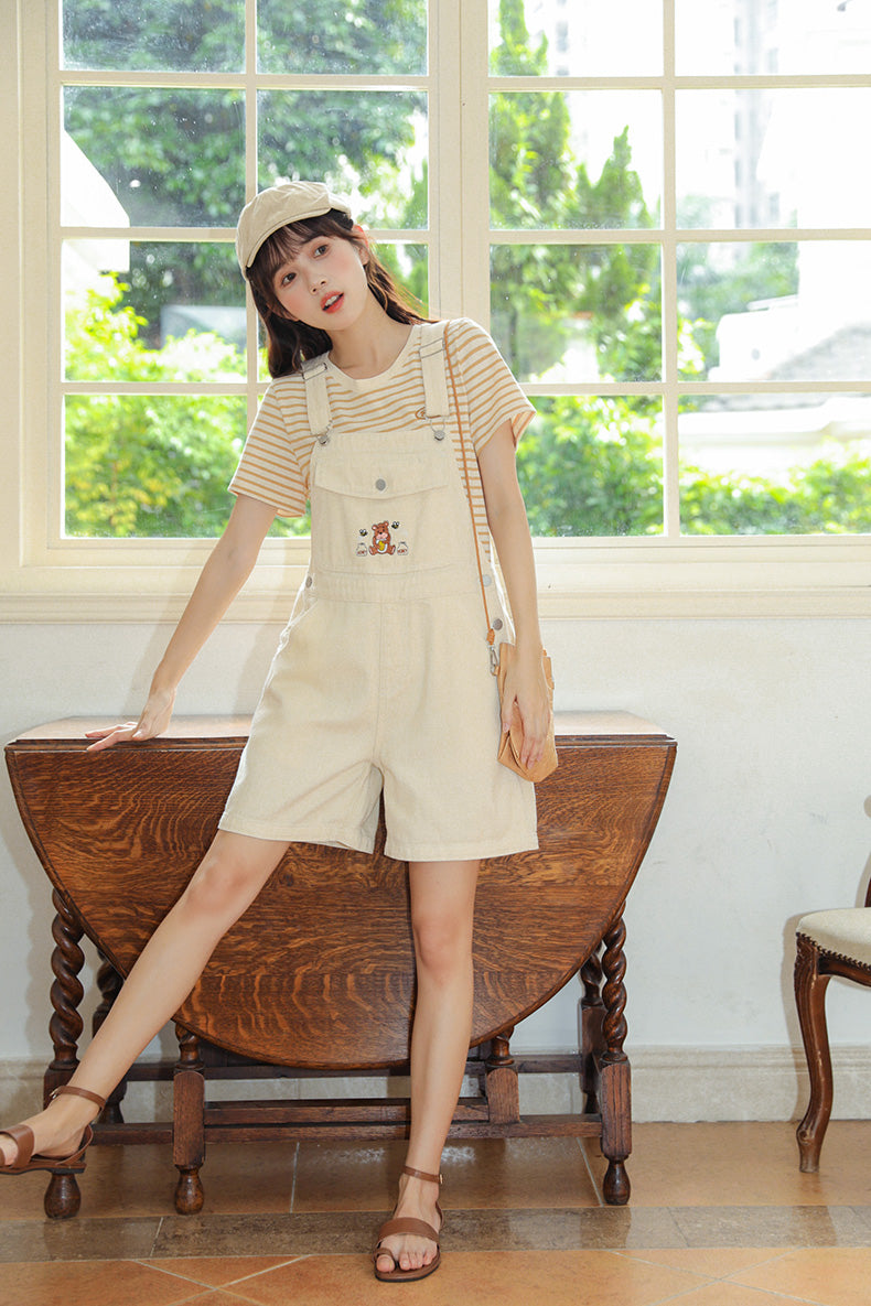 Honey Bear Short Overalls (White)