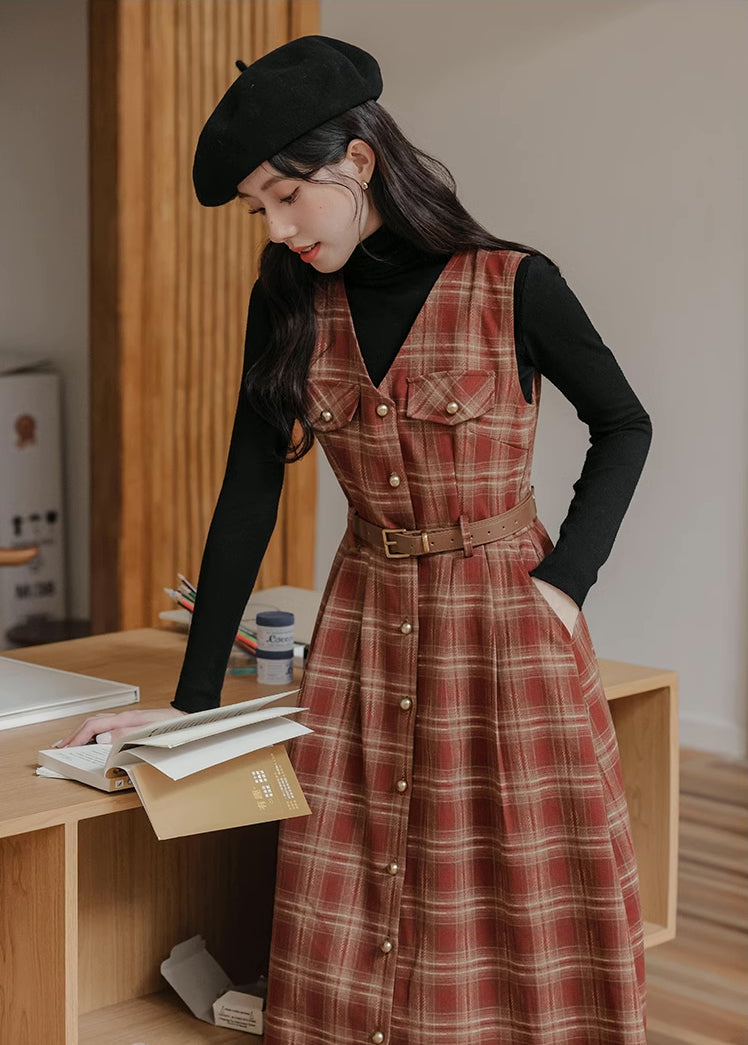 Ginger Plaid Pinafore Midi Dress (2 Colors)