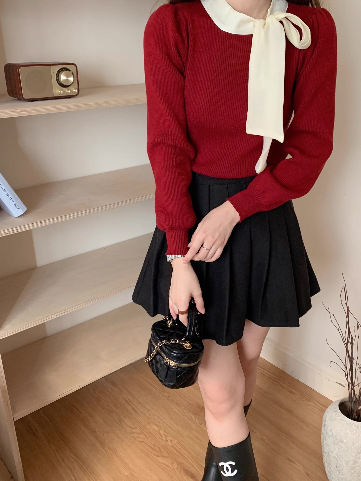 Tie Neck Puff Sleeve Sweater (5 Colors)