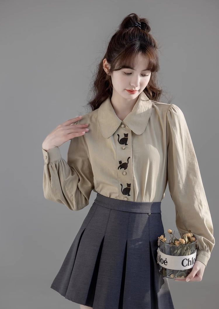 Black Cat Embroidered Blouse (Khaki)