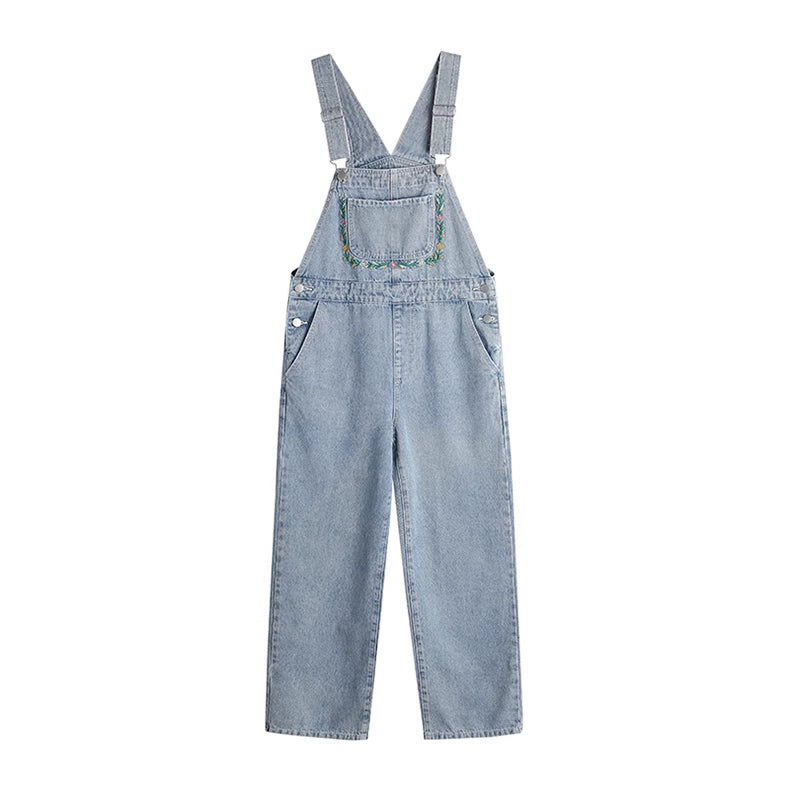 Retro Floral Embroidered Denim Overalls (Medium Blue)