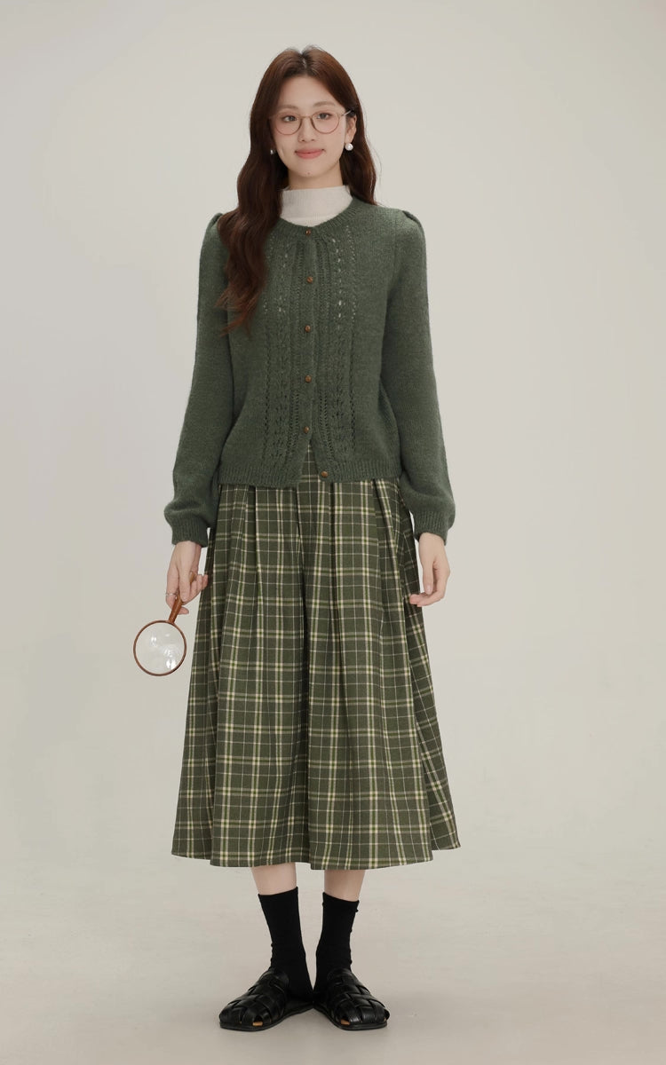 Evergreen Plaid Midi Skirt (Green)