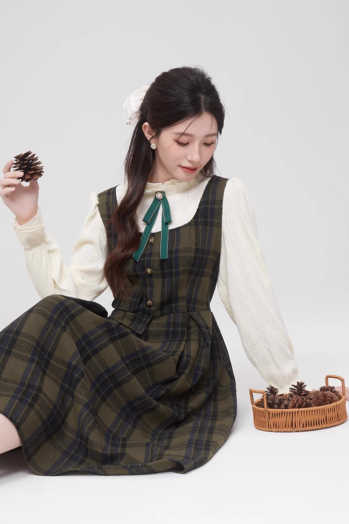 Cabin Plaid Twofer Midi Dress (Olive)