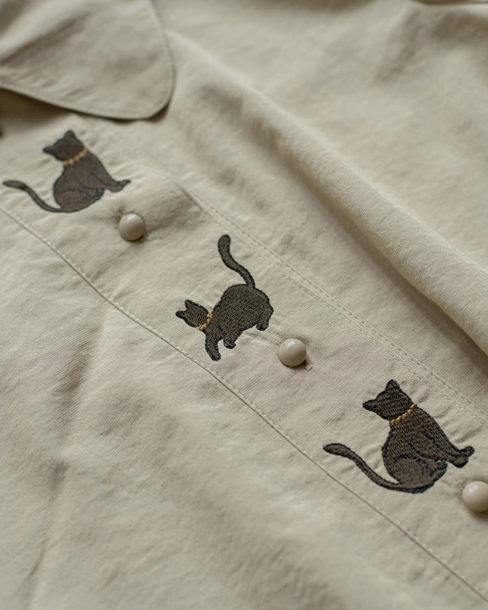 Black Cat Embroidered Blouse (Khaki)