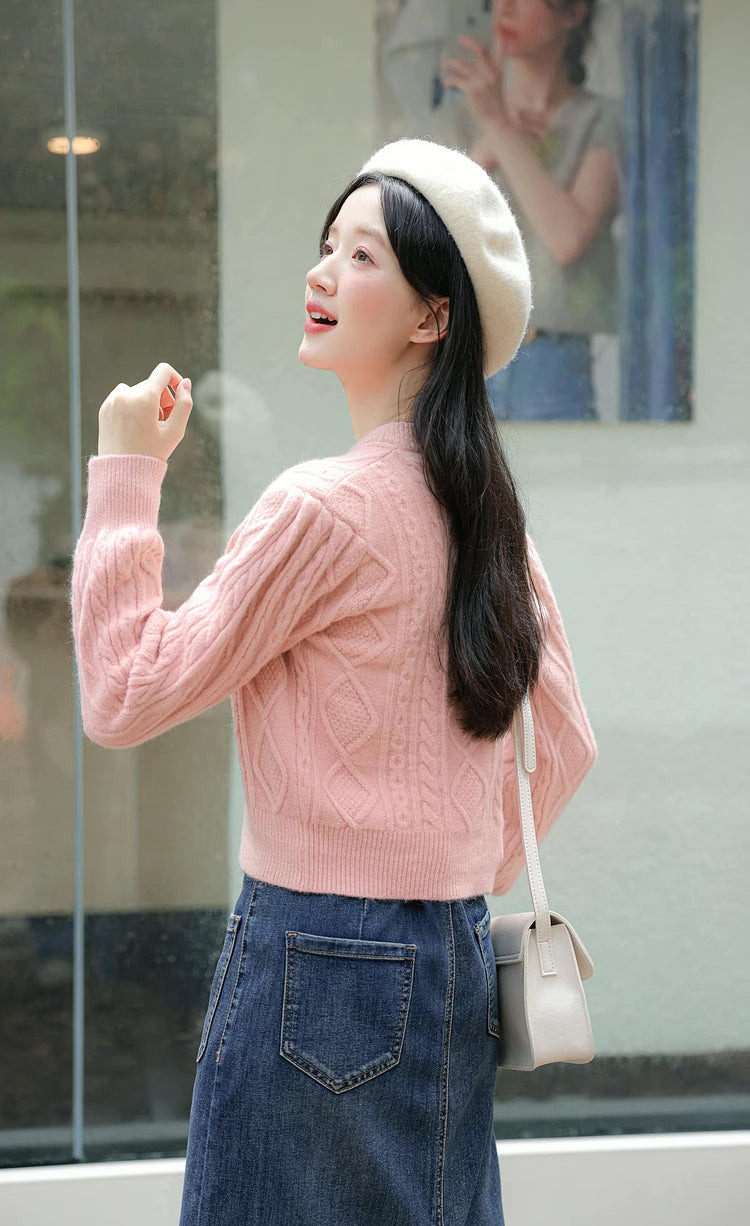 Round Neck Cable Knit Cardigan (9 Colors)
