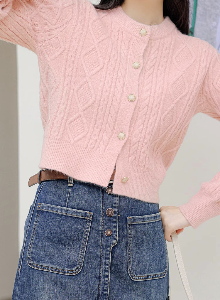 Round Neck Cable Knit Cardigan (9 Colors)