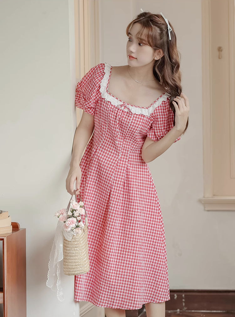 Plaid Puff Sleeve Midi Dress (Red)