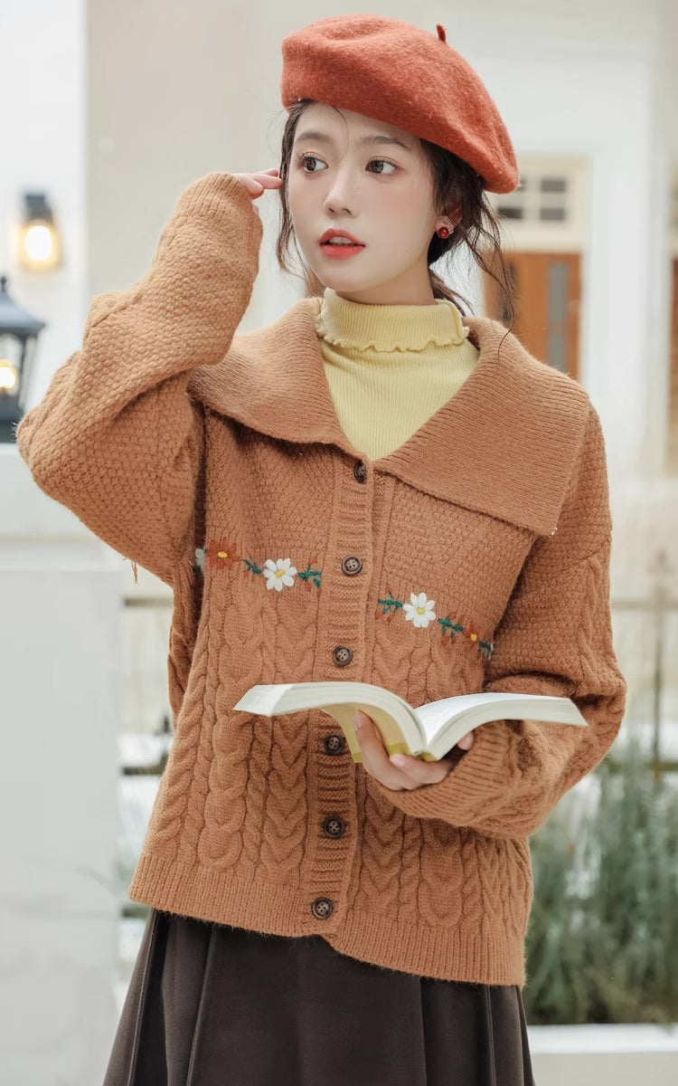 Fall Florals Polo Button Cardigan (Orange)