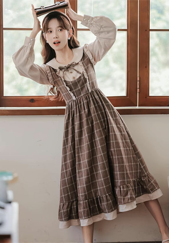 Cocoa Plaid Twofer Midi Dress (Khaki)
