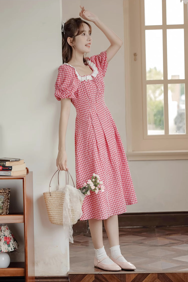 Plaid Puff Sleeve Midi Dress (Red)