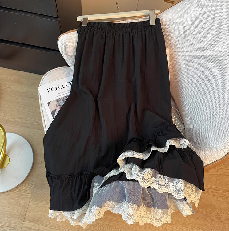 Asymmetrical Lace Hem Midi Skirt (5 Colors)
