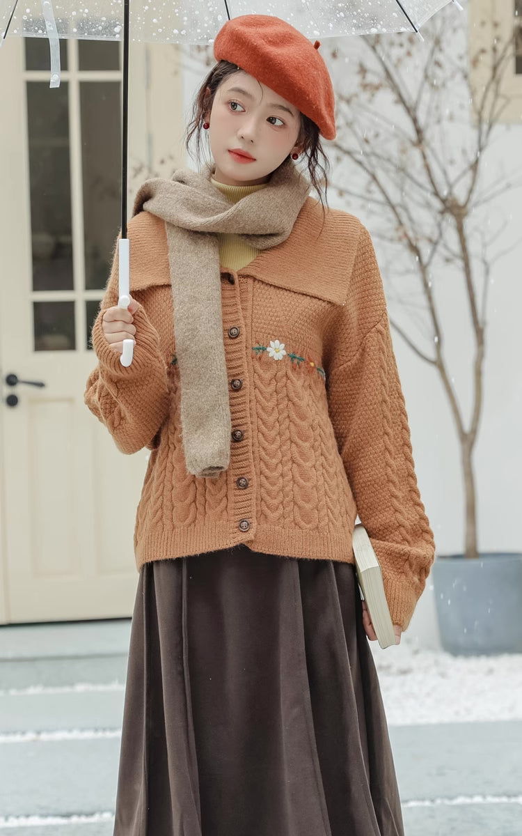Fall Florals Polo Button Cardigan (Orange)
