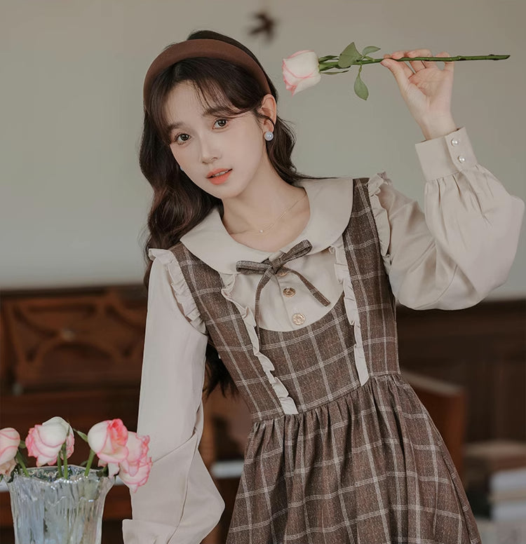Cocoa Plaid Twofer Midi Dress (Khaki)