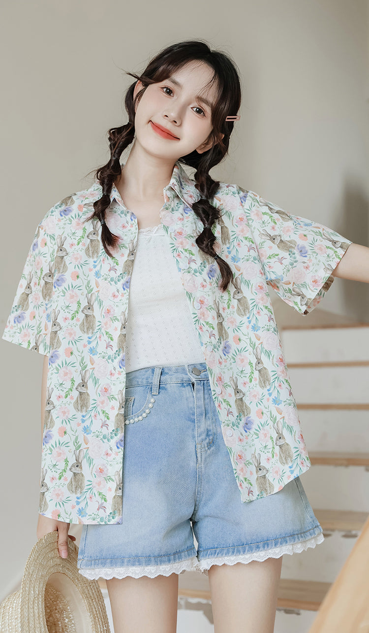 Rabbit Garden Button Up Shirt (White)