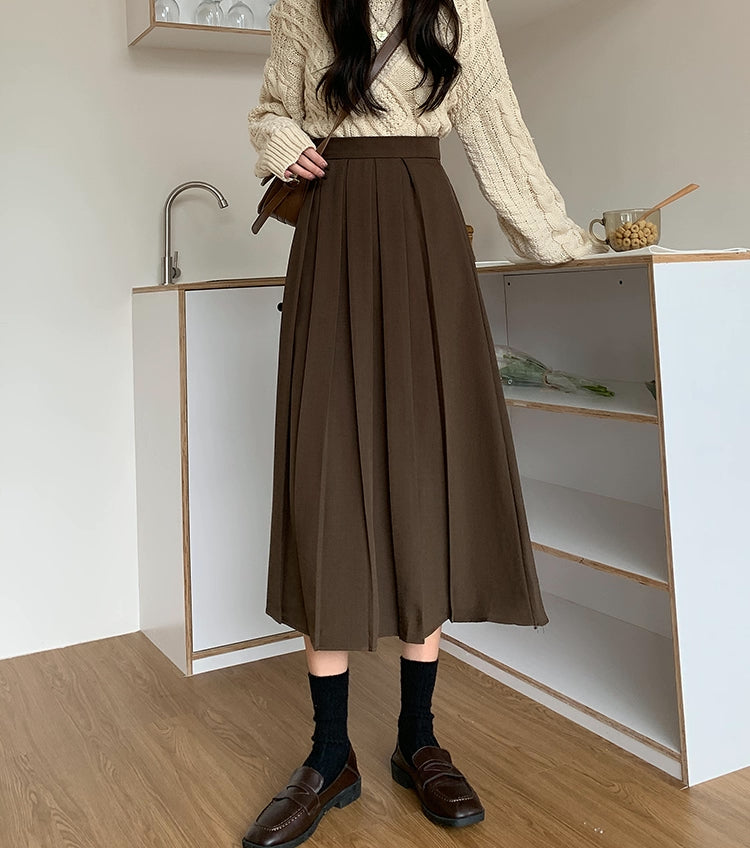 Woven Pleated Midi Skirt (2 Colors)