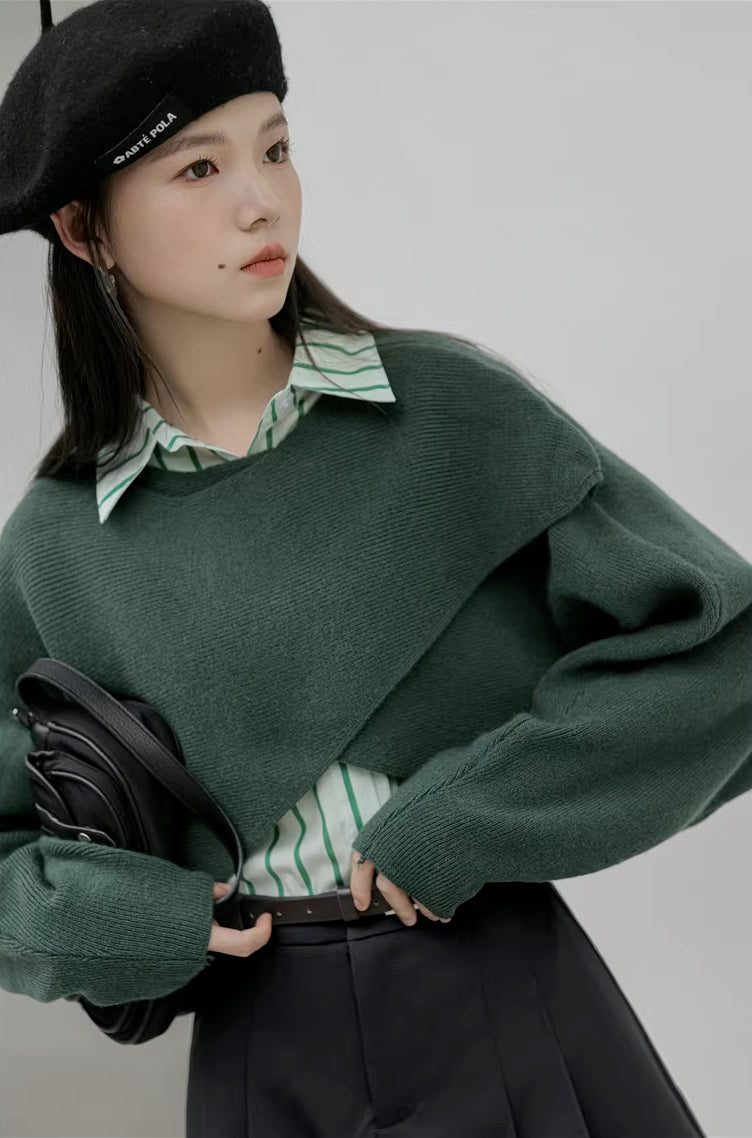 Criss Cross Cropped Throwover Sweater (Green)
