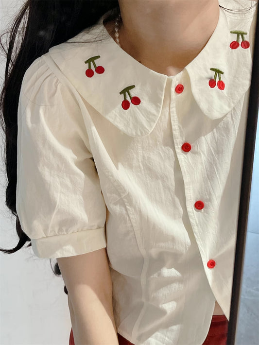 Double Cherry Cropped Blouse (White)