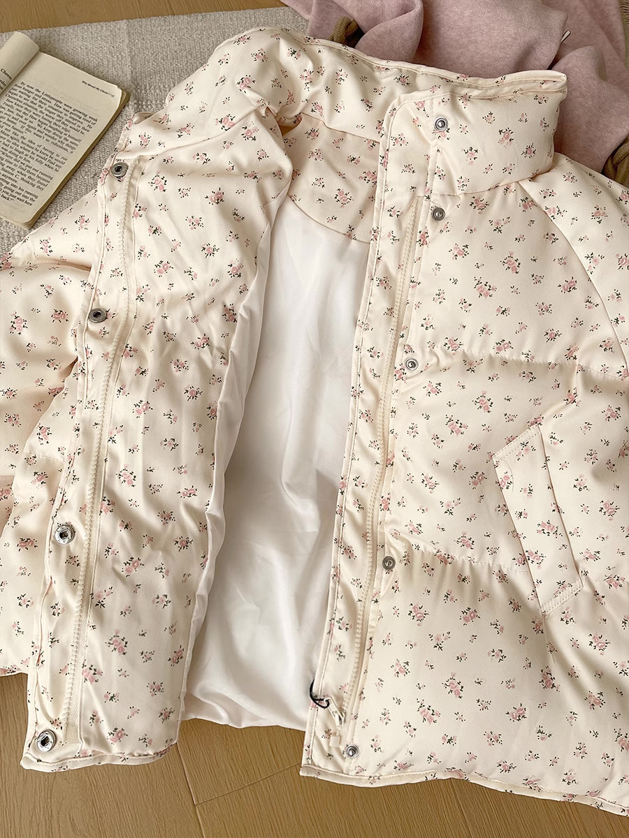 Ditsy Floral Puffer Jacket (Cream/Pink)