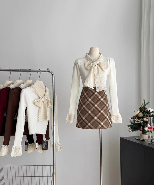 Lace Trim Tie Neck Sweater (4 Colors)