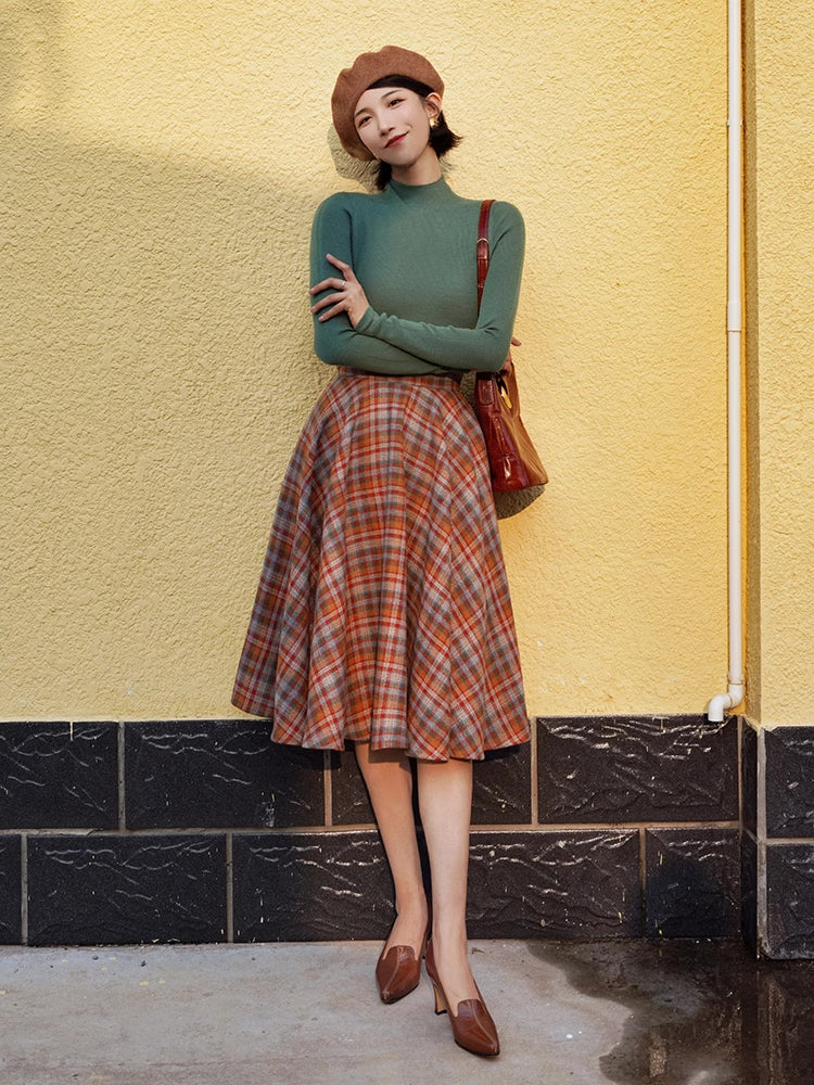 Maple Plaid Midi Circle Skirt (Multicolor)