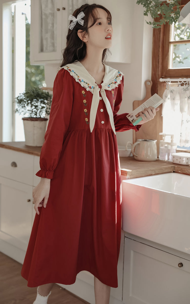 Floral Embroidered Sailor Midi Dress (Red)