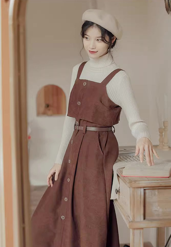 Suede Button Up Cami Pinafore Dress (4 Colors)