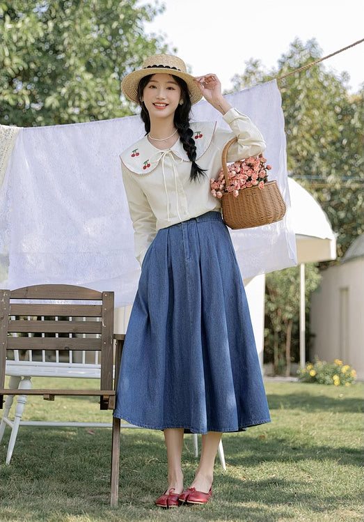 Pleated Denim Midi Skirt (3 Colors)