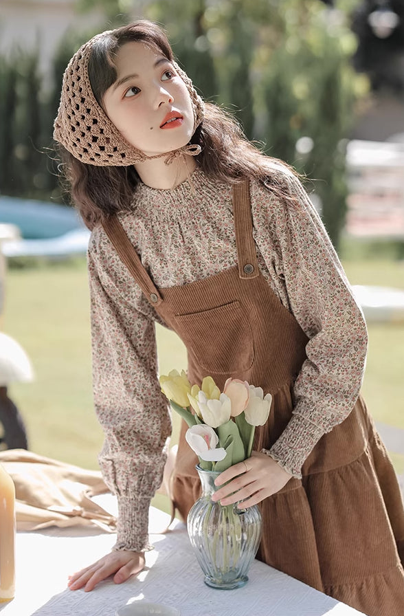 Tiered Corduroy Pinafore Dress & Blouse (Brown)