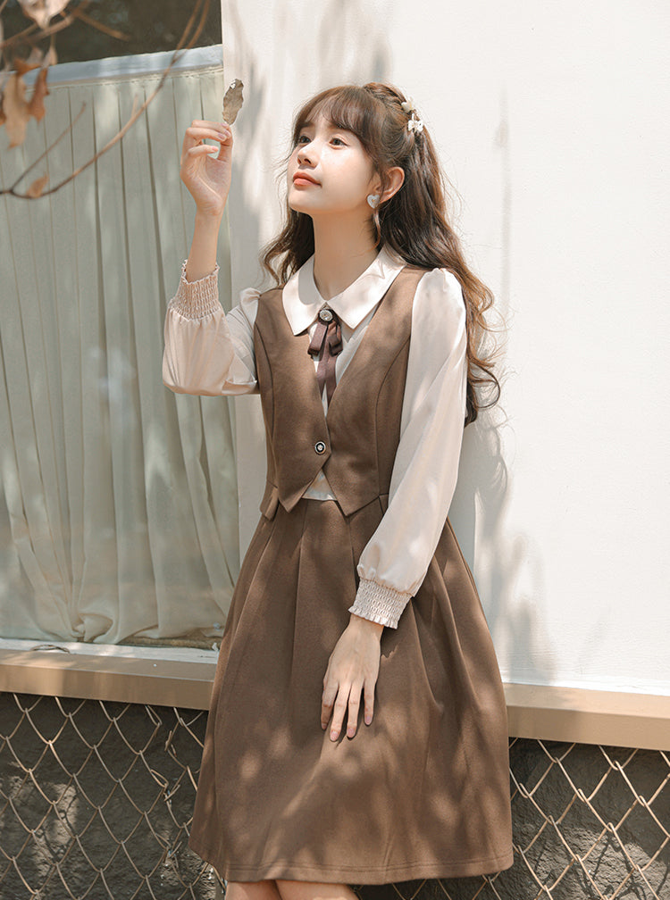Journalist Waist Coat Dress (Brown)