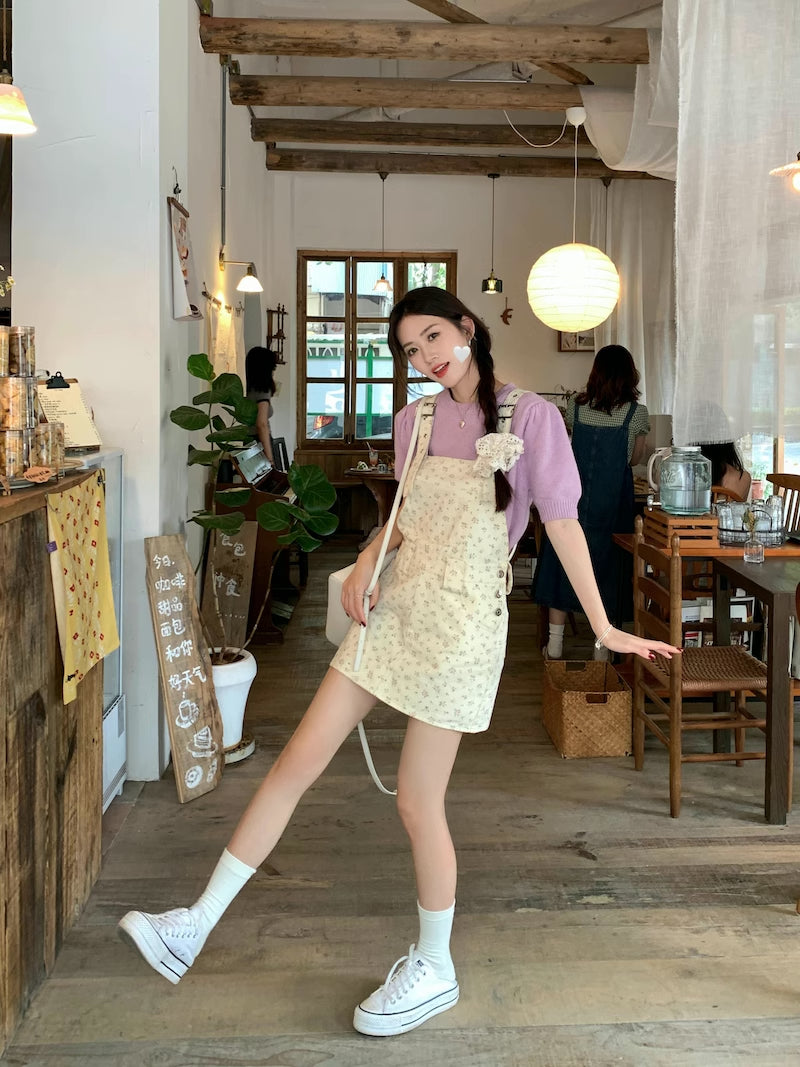 Ditsy Floral Mini Pinafore (Beige)