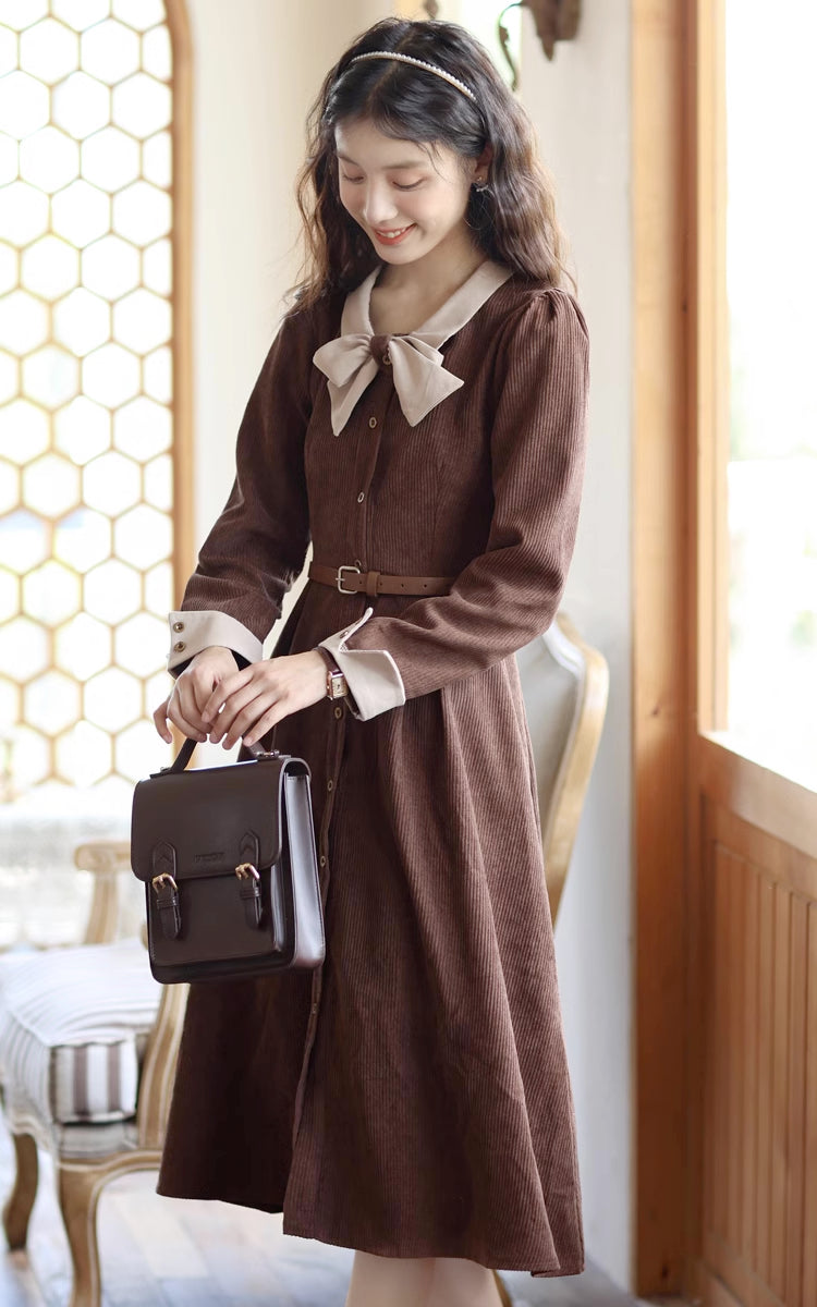 Bow Collar Corduroy Button Down Dress (Chocolate)